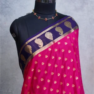 Rani pink Mysore Crepe silk saree with golden zari buttas and royal blue zari border