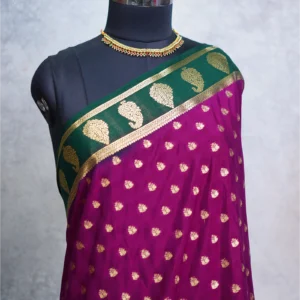 Magenta purple Mysore Crepe silk saree with golden zari buttas and bottle green floral zari border