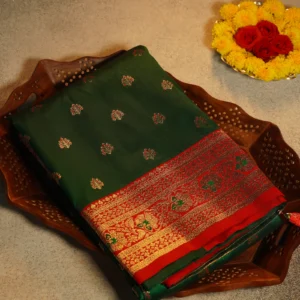 Dark green Paithani silk saree with red floral zari border, Meena work, mango motifs and matching blouse