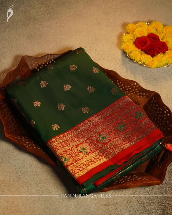 Dark Green Paithani Silk Saree with Broad Red Zari Floral Border Dark green Paithani silk saree with red floral zari border, Meena work, mango motifs and matching blouse