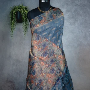 Dusty steel blue tissue silk saree with multicolour floral weave and antique gold border