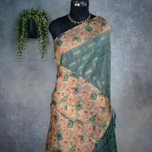 Teal blue tissue silk saree with lotus floral pallu and antique gold woven detailing