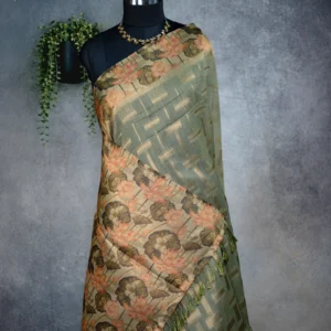 Sage green tissue silk saree with multicolour floral pallu and antique gold border