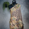 Champagne beige tissue silk saree with multicolour floral pallu, gold detailing and broad floral border