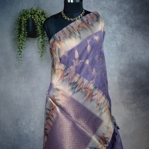 Dusty lavender tissue silk saree with antique gold floral weave and multicolour artistic border