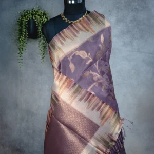 Dusty mauve purple tissue silk saree with antique gold floral weave and multicolour artistic border