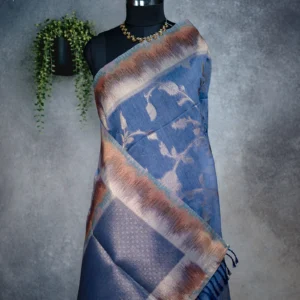 Steel blue tissue silk saree with silver floral weave and multicolour metallic border