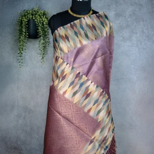 Mauve tissue silk saree with multicolour geometric weave, woven pallu and broad diagonal border