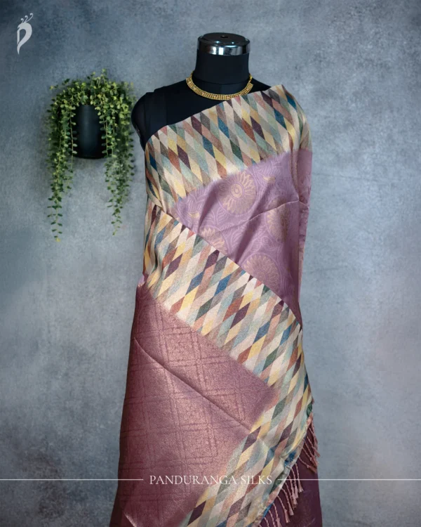 Mauve Tissue Silk Saree with Multicolour Geometric Woven Design Mauve tissue silk saree with multicolour geometric weave, woven pallu and broad diagonal border