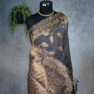 Charcoal grey tissue silk saree with antique gold elephant motif border and floral zari weave