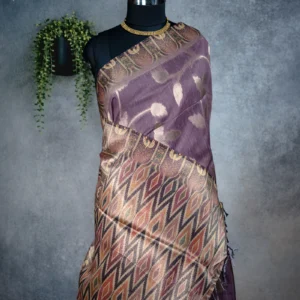 Dusty lavender tissue silk saree with antique gold floral weave and multicolour ornamental border