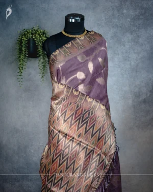Dusty lavender tissue silk saree with antique gold floral weave and multicolour ornamental border