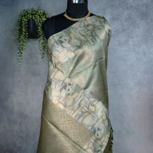 Sage green tissue silk saree with multicolour geometric weave and golden motifs