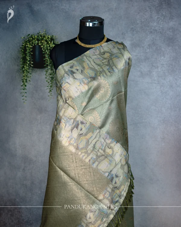 Sage Green Tissue Silk Saree with Multicolour Geometric Weave Sage green tissue silk saree with multicolour geometric weave and golden motifs