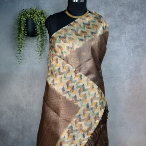 Beige tissue silk saree with multicolour geometric woven border and brownish-lavender pallu