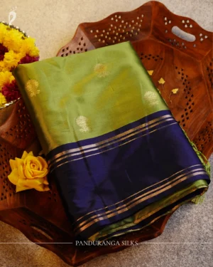 Pista Green Gadwal Silk Saree with Geometric Gold Zari Border Pista green Gadwal silk saree with gold zari buttas, navy blue gap border and geometric jaal pallu