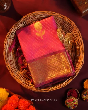 Rani Pink Silk Saree with Zari Checks and Golden Pineapple Buttas Pink magenta silk saree with golden zari checks, floral motifs and rich zari border – Panduranga Silks