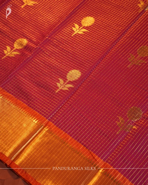 Rani Pink Silk Saree with Zari Checks and Golden Pineapple Buttas Pink magenta silk saree with golden zari checks, floral motifs and rich zari border – Panduranga Silks