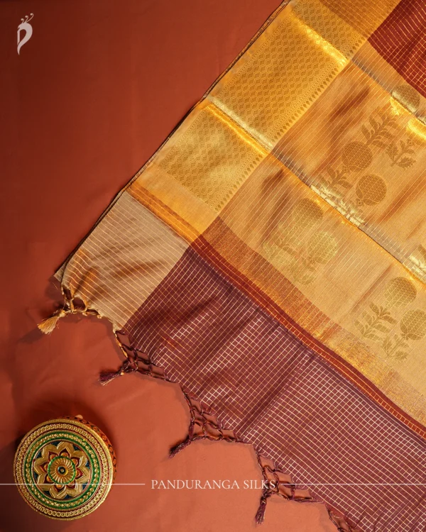 Deep Coffee Brown Silk Saree with Zari Checks and Golden Buttas Deep coffee brown silk saree with golden zari checks, pineapple motifs and woven zari border