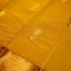 Mustard yellow silk saree with golden zari checks, pineapple motifs and geometric zari border