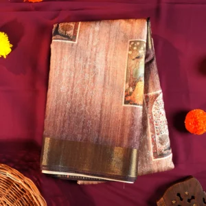 Muted rose pink art silk saree with Mughal inspired floral print, embossed work and subtle zari border