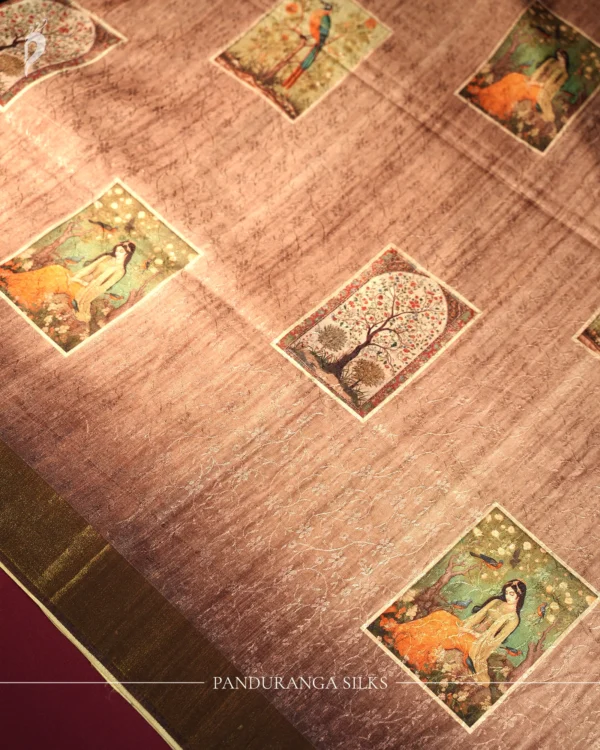 Muted rose pink art silk saree with Mughal inspired floral print, embossed work and subtle zari border