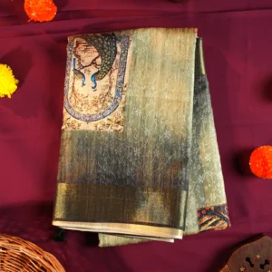 Pistachio green silk saree with Mughal-inspired printed panels, floral emboss work and subtle zari border