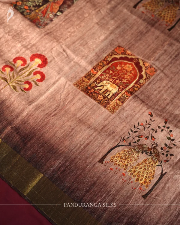 Mauve Pink Silk Saree with Mughal Inspired Floral Emboss Work Mauve pink silk saree with Mughal-inspired prints, floral motifs, multicolour panels and subtle zari border
