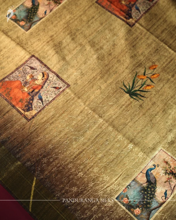 Sage Green Art Silk Saree with Mughal Art and Floral Emboss Work Sage green silk saree with Mughal-inspired printed panels, floral emboss work and zari border