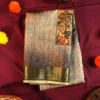 Steel grey silk saree with Mughal-inspired elephant art, floral emboss work and subtle zari border