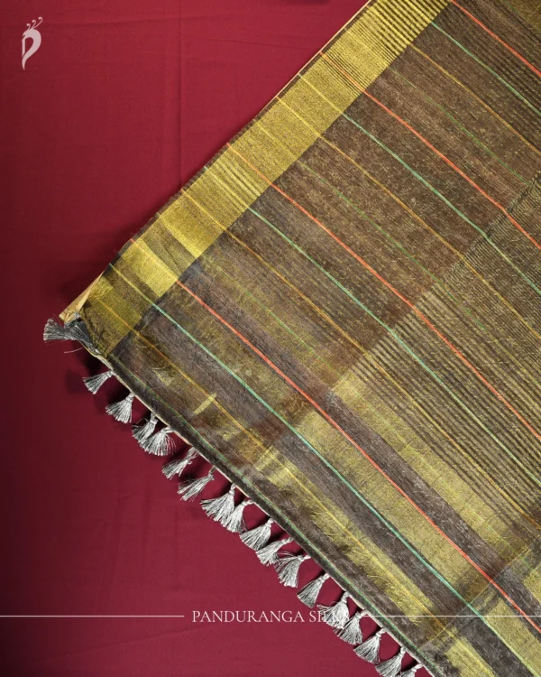 Steel grey silk saree with Mughal-inspired elephant art, floral emboss work and subtle zari border
