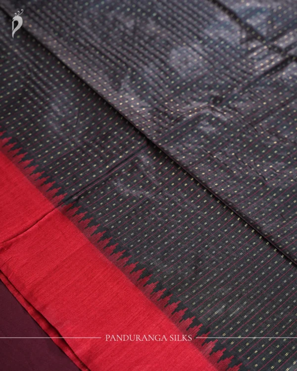 Charcoal Black Raw Silk Saree with Checked Design and Maroon Border Charcoal black raw silk saree with zari checks, maroon temple-work border, contrast pallu and tassels