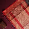 Charcoal Black Raw Silk Saree with Checked Design and Maroon Border Charcoal black raw silk saree with zari checks, maroon temple-work border, contrast pallu and tassels