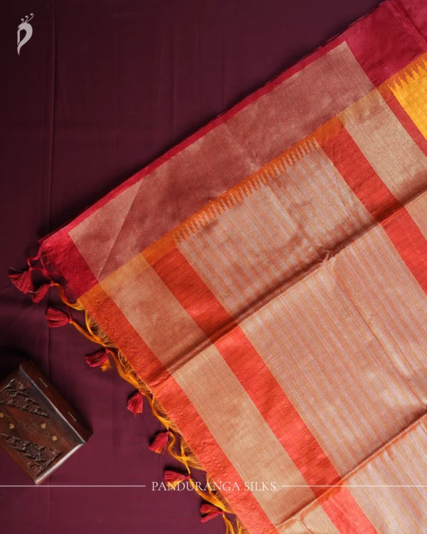 Mustard Yellow Raw Silk Saree with Checks and Wine Maroon Border Mustard yellow raw silk saree with zari checks, wine maroon temple border and contrasting zari-woven pallu