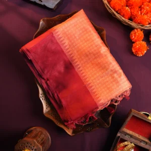 Coral orange raw silk saree with zari checks, deep maroon temple border and contrasting zari-woven pallu