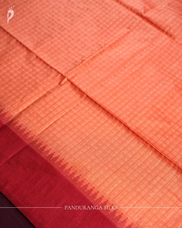 Coral Orange Raw Silk Saree with Checks and Deep Maroon Border Coral orange raw silk saree with zari checks, deep maroon temple border and contrasting zari-woven pallu