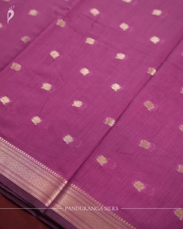 Rani Purple Soft Silk Cotton Saree with Golden Zari Buttas Rani purple silk cotton saree with golden zari buttas and silver grey pallu
