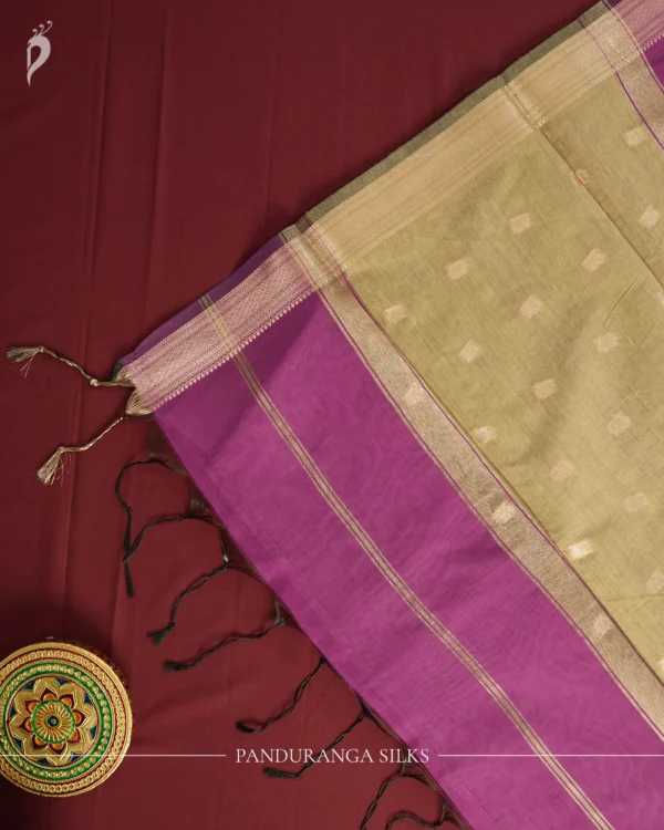 Rani Purple Soft Silk Cotton Saree with Golden Zari Buttas Rani purple silk cotton saree with golden zari buttas and silver grey pallu