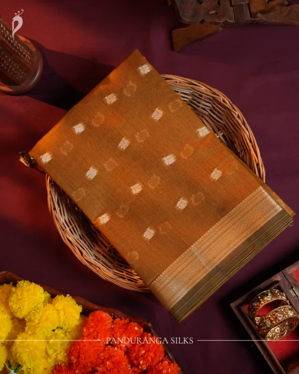 Mustard Gold Soft Silk Cotton Saree with Golden Zari Buttas Mustard gold silk cotton saree with golden zari buttas and sage grey pallu