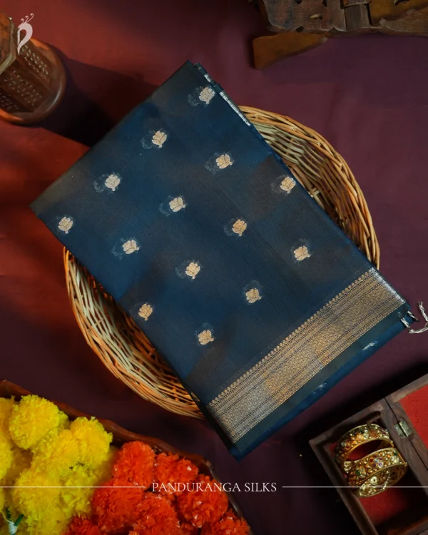 Navy Blue Soft Silk Cotton Saree with Golden Zari Buttas Navy blue silk cotton saree with golden zari buttas and sage grey pallu