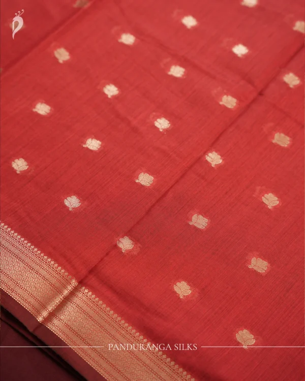 Maroon Soft Silk Cotton Saree with Golden Zari Buttas Maroon silk cotton saree with golden zari buttas and sage grey pallu