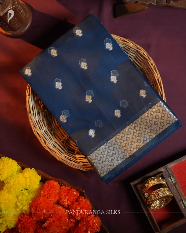 Navy Blue Soft Silk Cotton Saree with Golden Zari Buttas Navy blue silk cotton saree with golden zari buttas and sage grey pallu