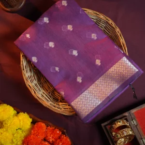 Rani purple silk cotton saree with golden zari buttas and sage grey pallu and blouse