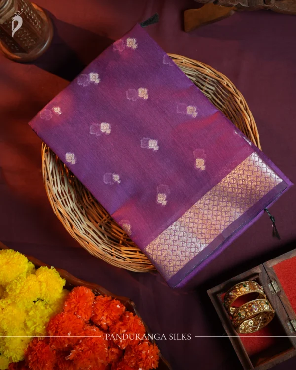 Rani Purple Soft Silk Cotton Saree with Beautiful Golden Zari Buttas Rani purple silk cotton saree with golden zari buttas and sage grey pallu and blouse