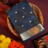 Navy Blue Soft Silk Cotton Saree with Beautiful Golden Zari Buttas Navy blue silk cotton saree with golden zari buttas and sage grey pallu and blouse
