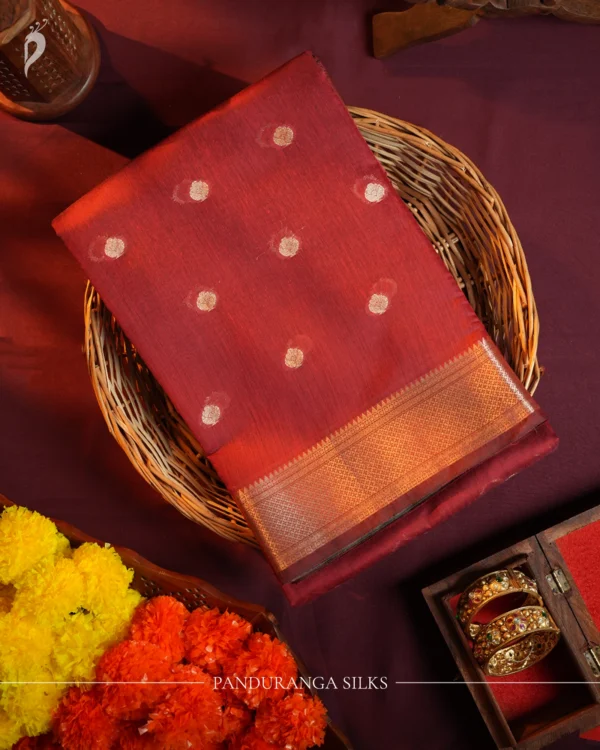 Maroon Soft Silk Cotton Saree with Beautiful Golden Zari Buttas Maroon silk cotton saree with golden zari buttas and sage grey pallu and blouse