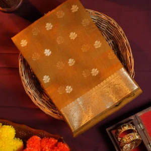 Mustard gold silk cotton saree with golden flower buttas and detailed zari border