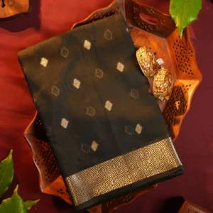 Black silk cotton saree with golden zari buttas and geometric zari border
