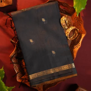 Dark navy blue silk cotton saree with golden zari buttas and zari border