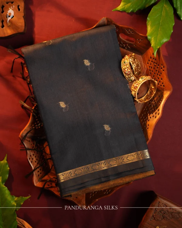 Dark Navy Blue Soft Silk Cotton Saree with Golden Zari Buttas Dark navy blue silk cotton saree with golden zari buttas and zari border